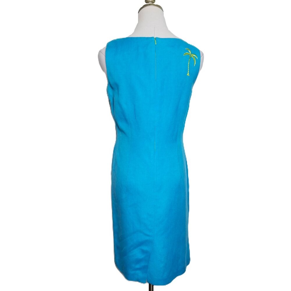 Talbots Linen Blend Sleeveless Dress Size P4 Blue Embroidered Palm Trees Beachy - Picture 5 of 6